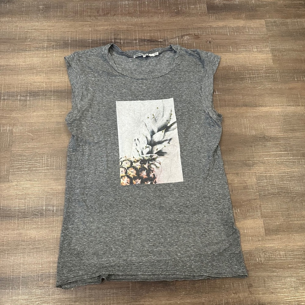 Pam & Gela Pineapple Graphic Muscle Tee Rhinestone Gray Heathered Women Size M